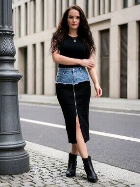 Fashion Nova ✦ Have It Both Ways Contrast Midi Skirt ✦ Black/Denim High‑Waist S
